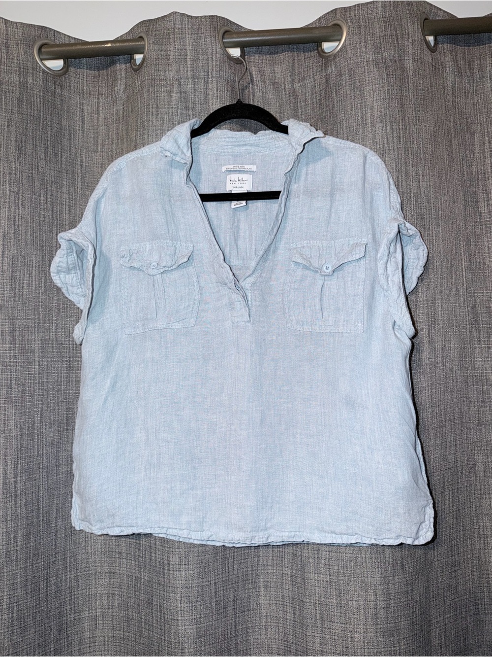 Nicole Miller Blue 100% Linen Roll Tab Sleeve Blouse Large